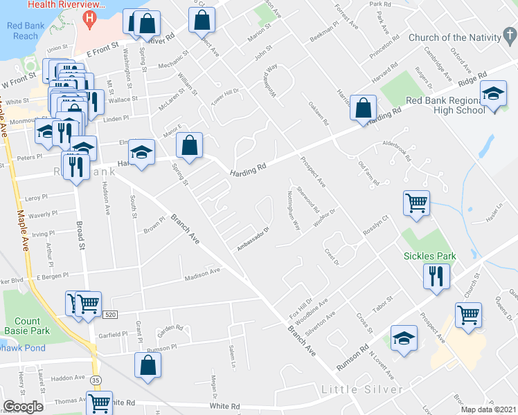 map of restaurants, bars, coffee shops, grocery stores, and more near 71 Ambassador Drive in Red Bank