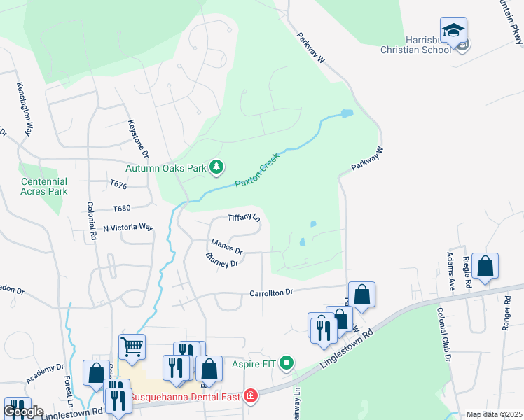 map of restaurants, bars, coffee shops, grocery stores, and more near 2568 Tiffany Ln in Harrisburg