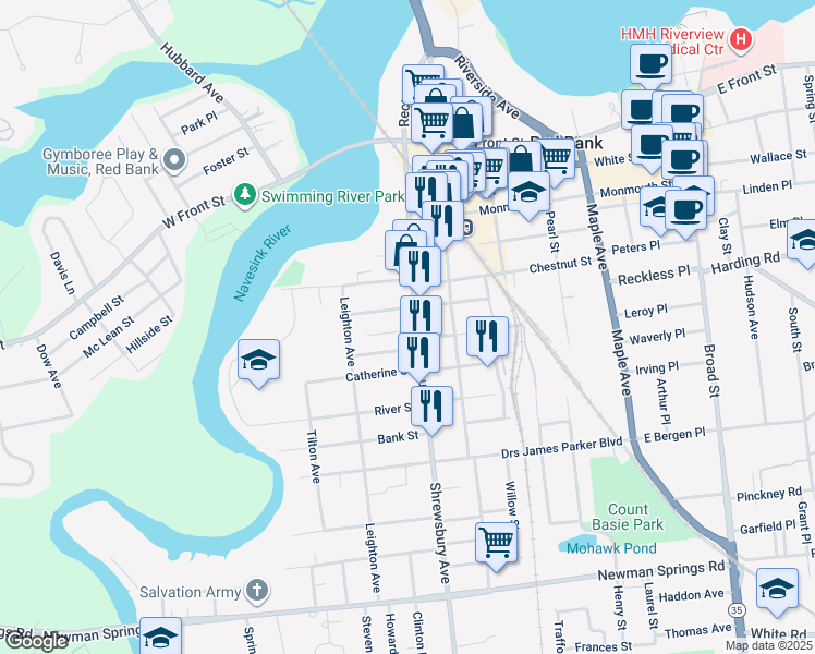 map of restaurants, bars, coffee shops, grocery stores, and more near 155 Shrewsbury Avenue in Red Bank