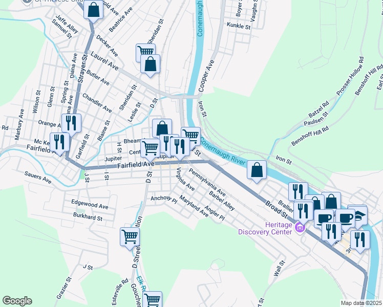 map of restaurants, bars, coffee shops, grocery stores, and more near 1233 Broad Street in Johnstown