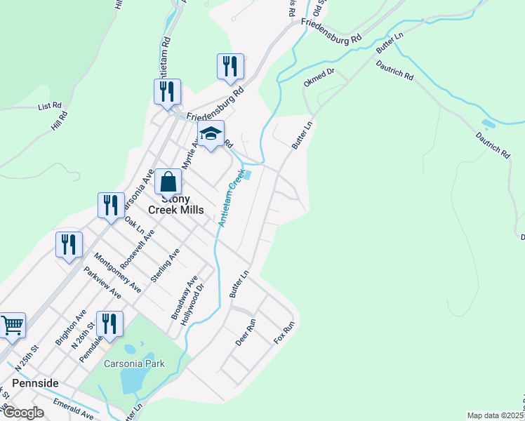 map of restaurants, bars, coffee shops, grocery stores, and more near 1351 Butter Lane in Reading