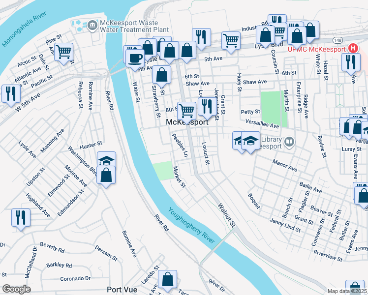 map of restaurants, bars, coffee shops, grocery stores, and more near 1021 Peebles Lane in McKeesport
