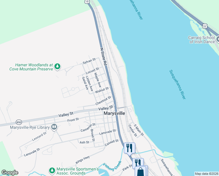 map of restaurants, bars, coffee shops, grocery stores, and more near 222 Myrtle Avenue in Marysville