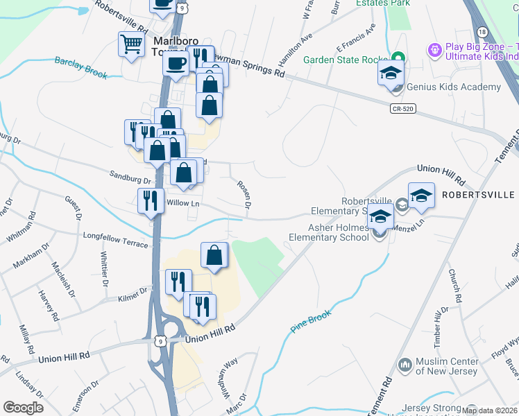 map of restaurants, bars, coffee shops, grocery stores, and more near 30 Willow Lane in Englishtown