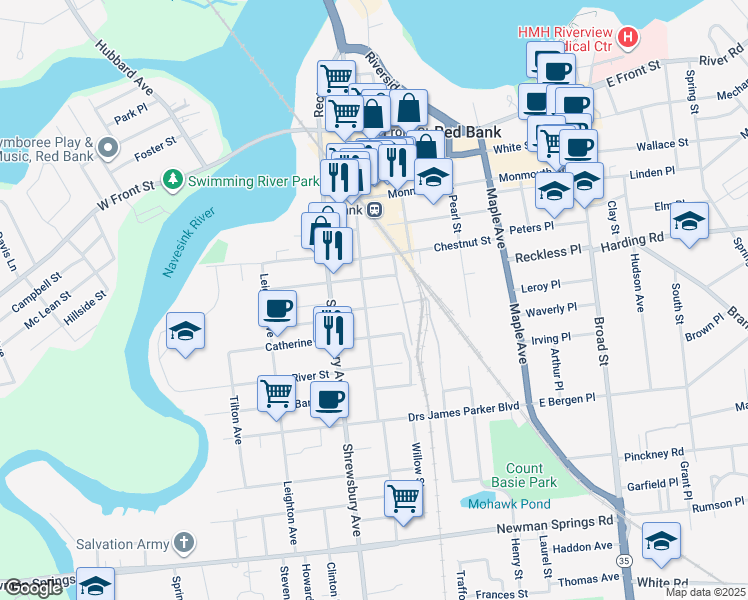 map of restaurants, bars, coffee shops, grocery stores, and more near 143 Bridge Avenue in Red Bank
