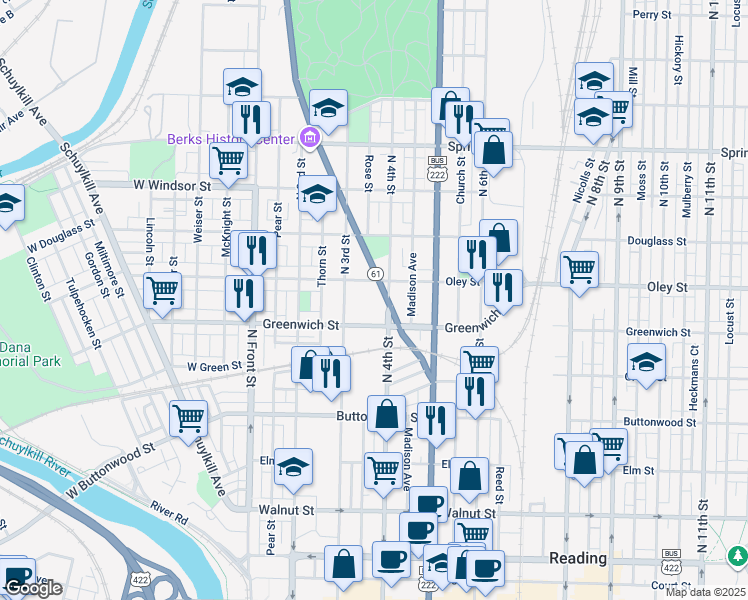 map of restaurants, bars, coffee shops, grocery stores, and more near 632 Centre Avenue in Reading