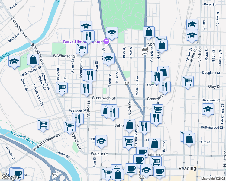 map of restaurants, bars, coffee shops, grocery stores, and more near 643 North 3rd Street in Reading