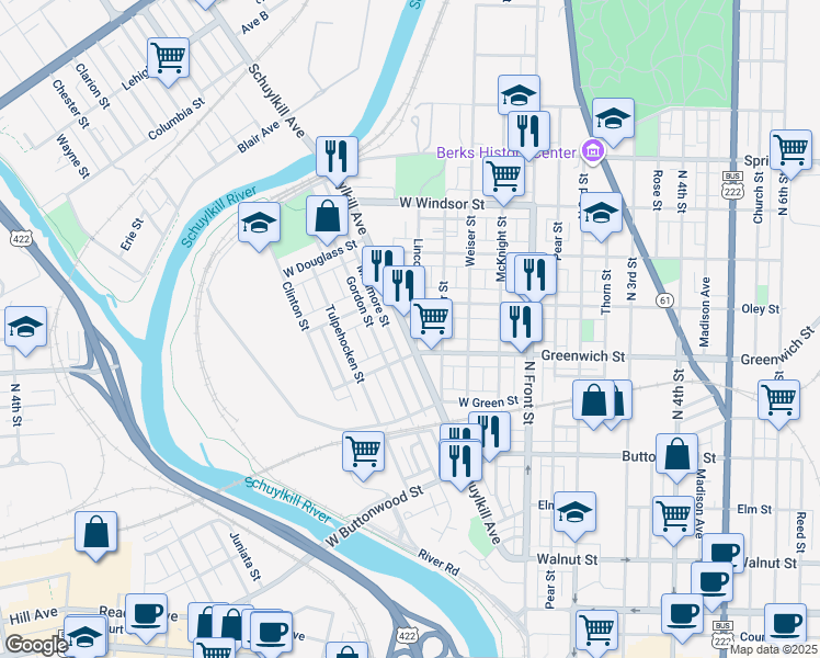 map of restaurants, bars, coffee shops, grocery stores, and more near 636 Schuylkill Avenue in Reading