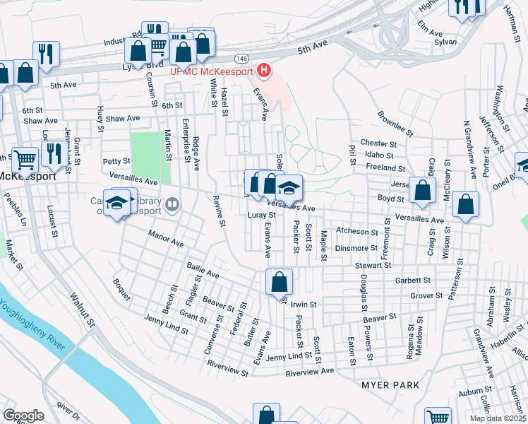 map of restaurants, bars, coffee shops, grocery stores, and more near 1206 Evans Avenue in McKeesport