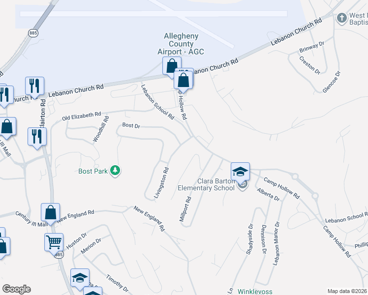map of restaurants, bars, coffee shops, grocery stores, and more near 206 Livingston Road in West Mifflin