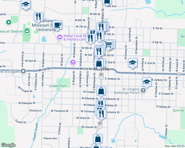 map of restaurants, bars, coffee shops, grocery stores, and more near 101-199 S Fillmore St in Maryville
