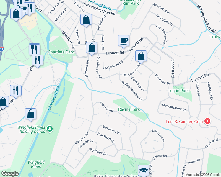 map of restaurants, bars, coffee shops, grocery stores, and more near 1340 Rose Circle in Pittsburgh