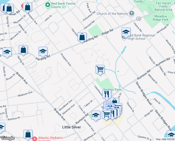 map of restaurants, bars, coffee shops, grocery stores, and more near 33 Rosslyn Court in Little Silver