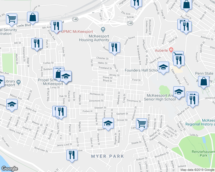 map of restaurants, bars, coffee shops, grocery stores, and more near 3001 Versailles Avenue in McKeesport
