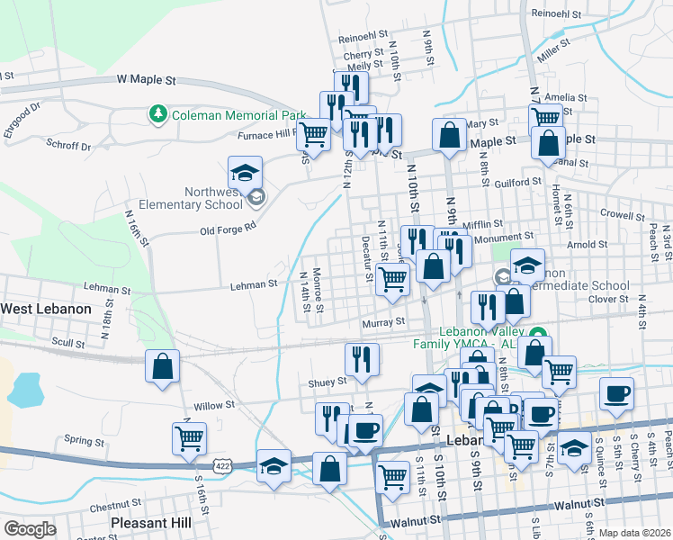 map of restaurants, bars, coffee shops, grocery stores, and more near 1215 Lehman Street in Lebanon