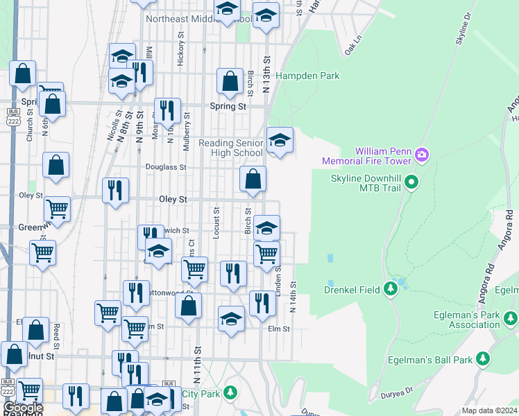 map of restaurants, bars, coffee shops, grocery stores, and more near 656 North 13th Street in Reading