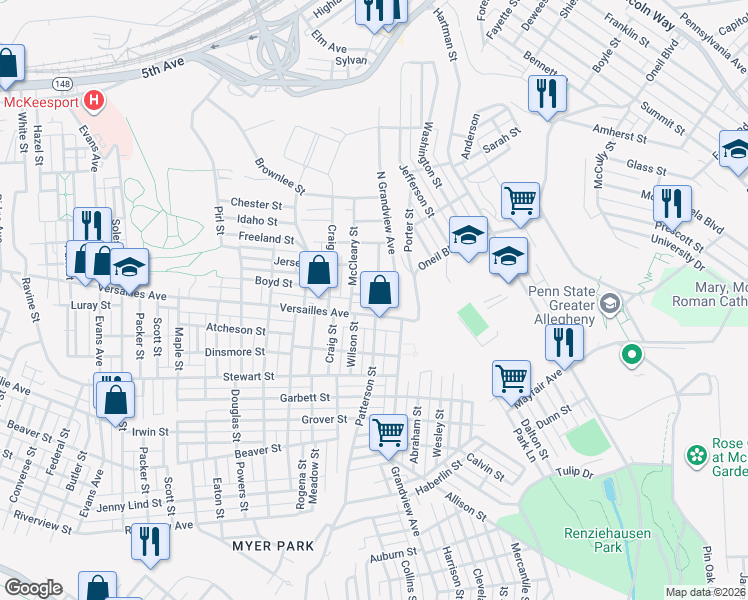 map of restaurants, bars, coffee shops, grocery stores, and more near 3318 Oakland Street in McKeesport
