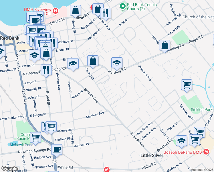 map of restaurants, bars, coffee shops, grocery stores, and more near 257 Spring Street in Red Bank