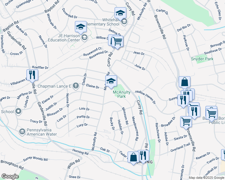 map of restaurants, bars, coffee shops, grocery stores, and more near 5151 McAnulty Road in Pittsburgh