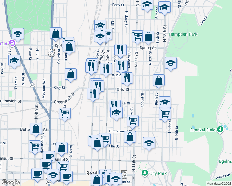 map of restaurants, bars, coffee shops, grocery stores, and more near 647 Moss Street in Reading