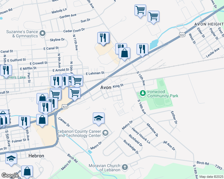 map of restaurants, bars, coffee shops, grocery stores, and more near 1220 King St in Lebanon