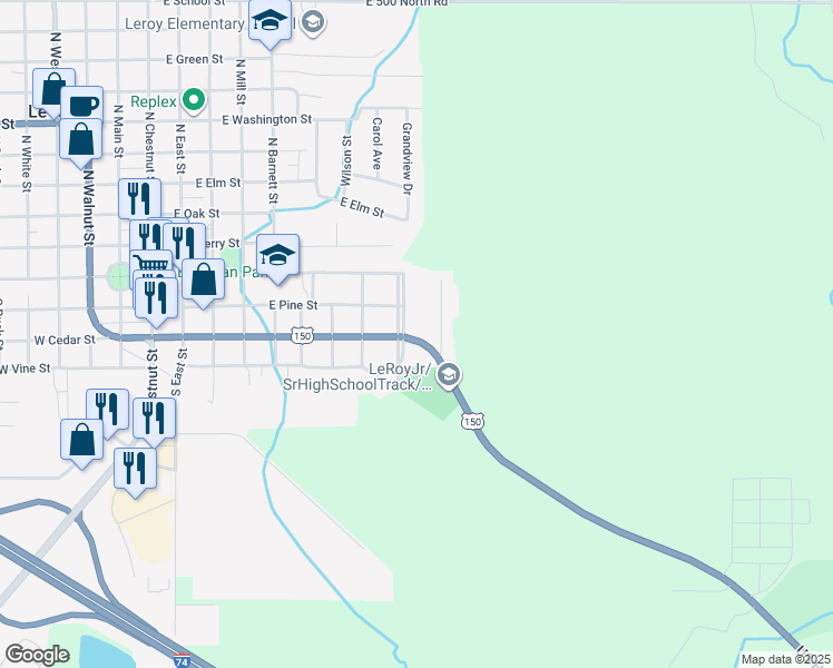 map of restaurants, bars, coffee shops, grocery stores, and more near 210 Park Avenue in Le Roy