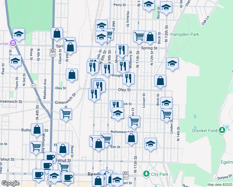 map of restaurants, bars, coffee shops, grocery stores, and more near 647 Moss Street in Reading