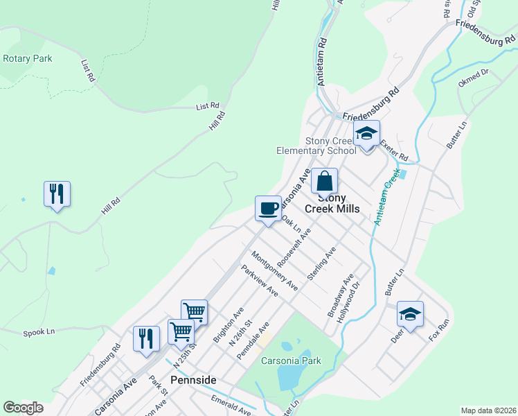 map of restaurants, bars, coffee shops, grocery stores, and more near 1112 Friedensburg Road in Reading