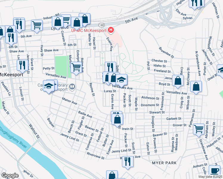 map of restaurants, bars, coffee shops, grocery stores, and more near 1206 Evans Avenue in McKeesport