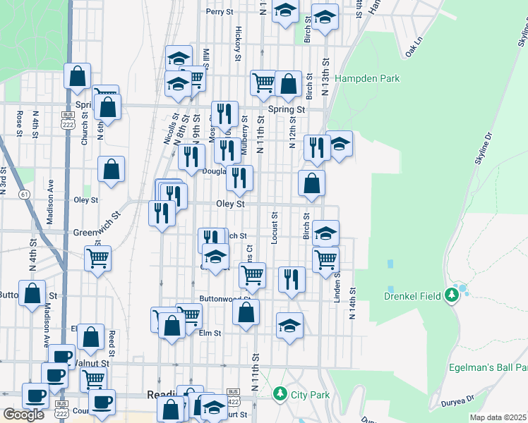 map of restaurants, bars, coffee shops, grocery stores, and more near 649 North 11th Street in Reading