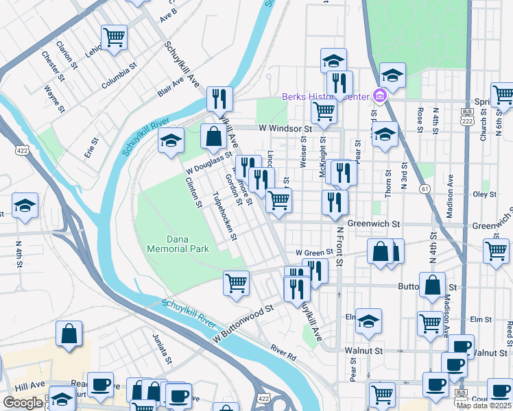 map of restaurants, bars, coffee shops, grocery stores, and more near 636 Schuylkill Avenue in Reading