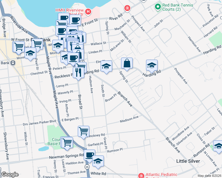 map of restaurants, bars, coffee shops, grocery stores, and more near 94 Branch Avenue in Red Bank