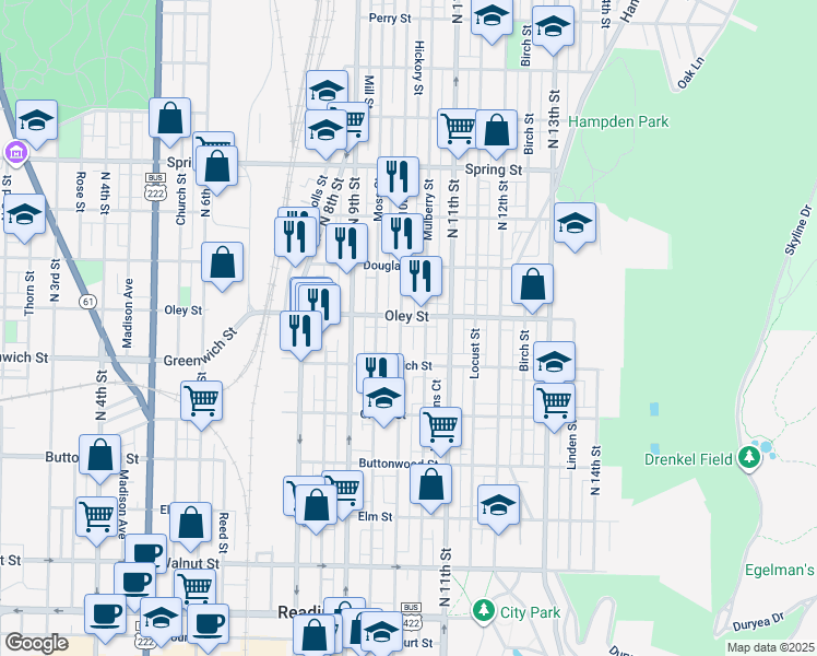map of restaurants, bars, coffee shops, grocery stores, and more near 645 North 10th Street in Reading
