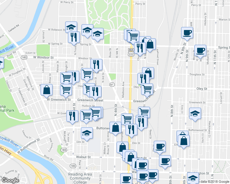 map of restaurants, bars, coffee shops, grocery stores, and more near 656 Centre Avenue in Reading