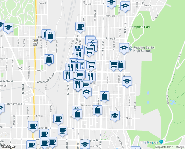 map of restaurants, bars, coffee shops, grocery stores, and more near 645 North 10th Street in Reading