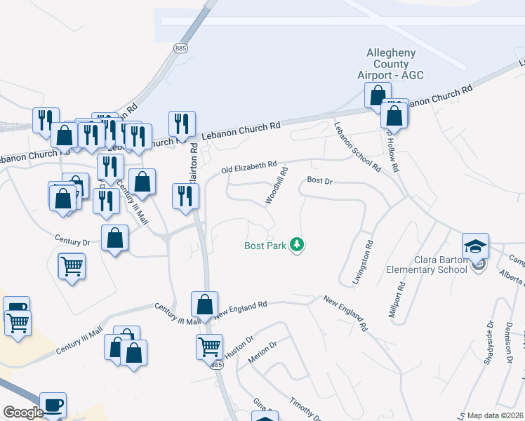 map of restaurants, bars, coffee shops, grocery stores, and more near 270 Bluemont Drive in West Mifflin