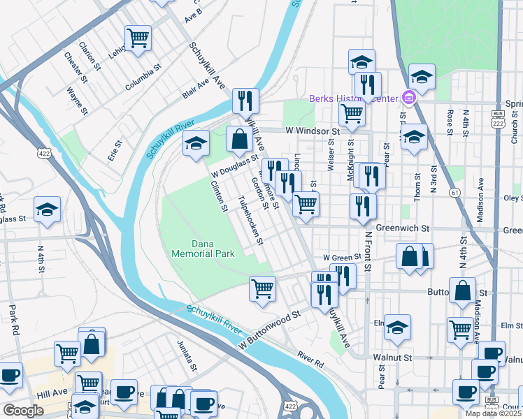map of restaurants, bars, coffee shops, grocery stores, and more near 658 Gordon Street in Reading