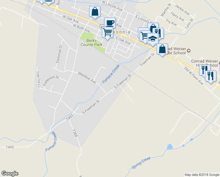 map of restaurants, bars, coffee shops, grocery stores, and more near 310 South Freeman Street in Robesonia