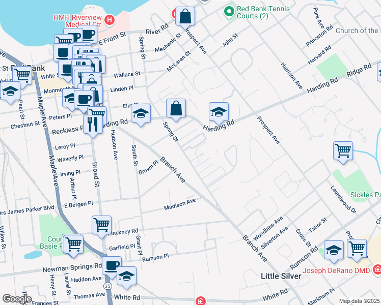 map of restaurants, bars, coffee shops, grocery stores, and more near 251 Spring Street in Red Bank