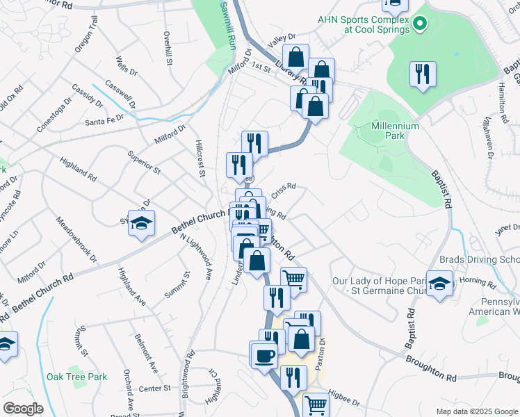 map of restaurants, bars, coffee shops, grocery stores, and more near 98 Horning Road in Bethel Park