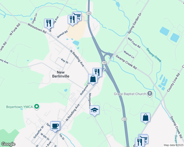 map of restaurants, bars, coffee shops, grocery stores, and more near 1263 Montgomery Avenue in Boyertown