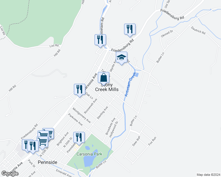 map of restaurants, bars, coffee shops, grocery stores, and more near 115 Heidelberg Avenue in Reading