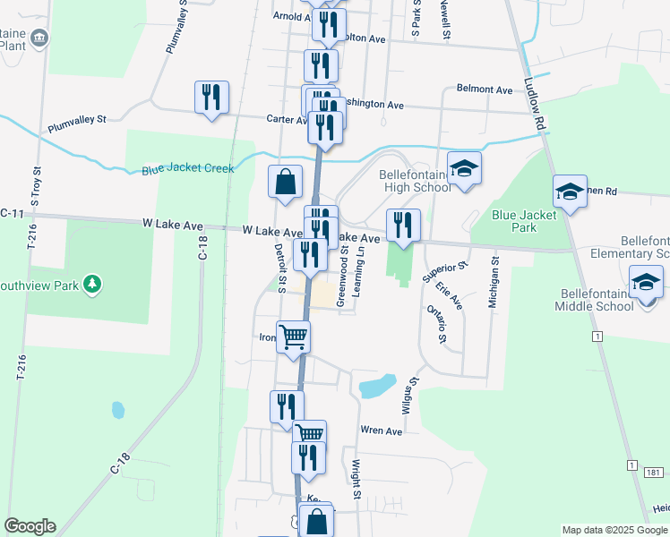 map of restaurants, bars, coffee shops, grocery stores, and more near 1128 Greenwood Street in Bellefontaine