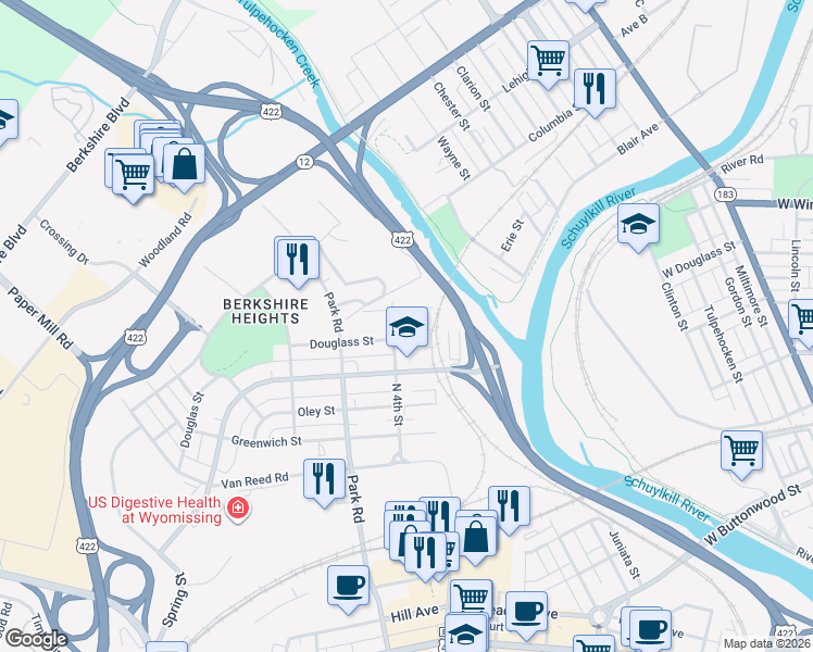 map of restaurants, bars, coffee shops, grocery stores, and more near 811 North 4th Street in Wyomissing