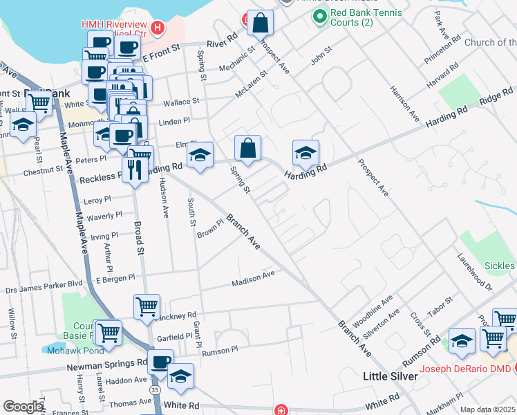 map of restaurants, bars, coffee shops, grocery stores, and more near 251 Spring Street in Red Bank