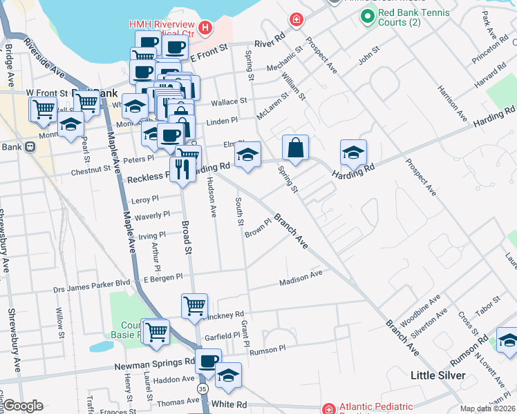 map of restaurants, bars, coffee shops, grocery stores, and more near 94 Branch Avenue in Red Bank