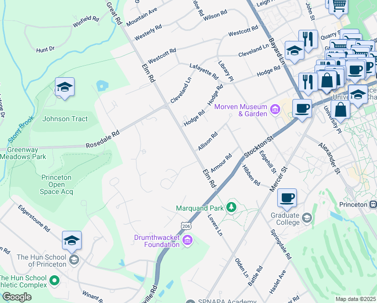 map of restaurants, bars, coffee shops, grocery stores, and more near 84 Elm Road in Princeton
