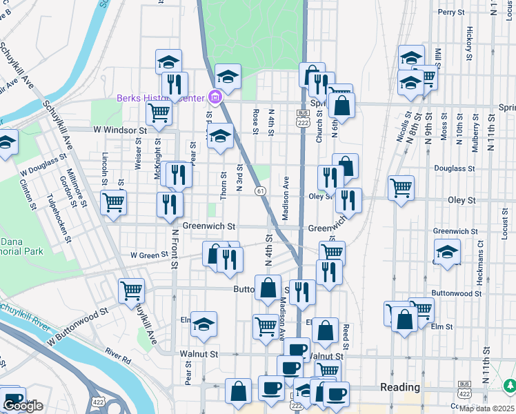 map of restaurants, bars, coffee shops, grocery stores, and more near 632 Centre Avenue in Reading