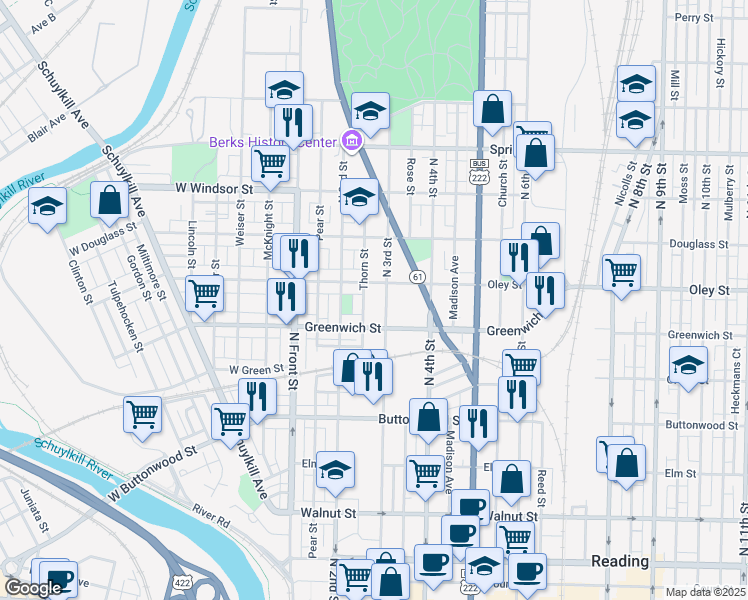 map of restaurants, bars, coffee shops, grocery stores, and more near 643 North 3rd Street in Reading
