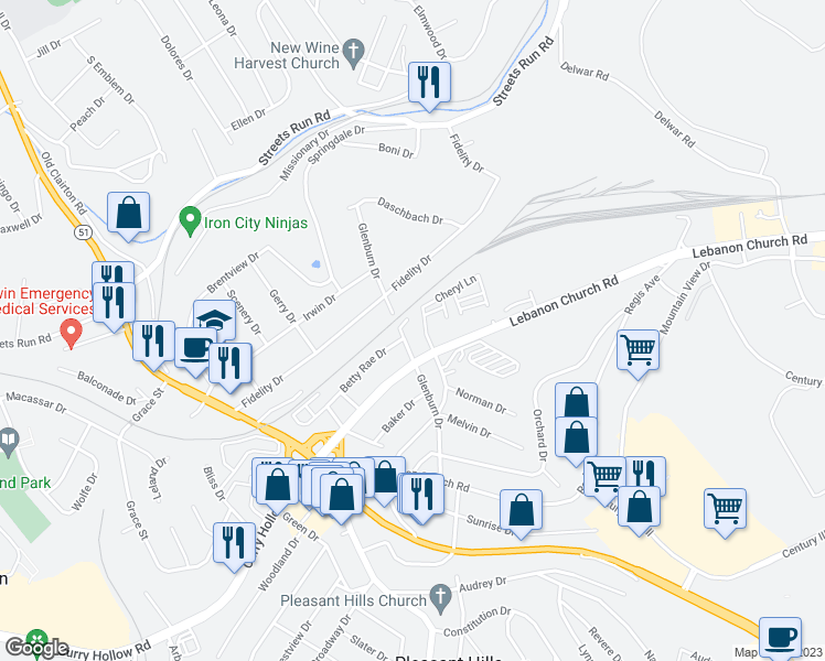 map of restaurants, bars, coffee shops, grocery stores, and more near 200 Glenburn Drive in West Mifflin